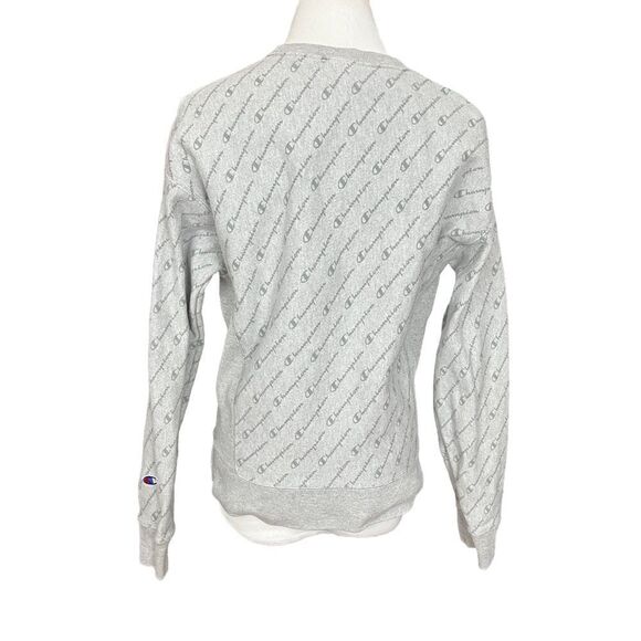 Champion Reverse Weave Gray AOP Spell Out Crewneck Sweatshirt S - Picture 4 of 6